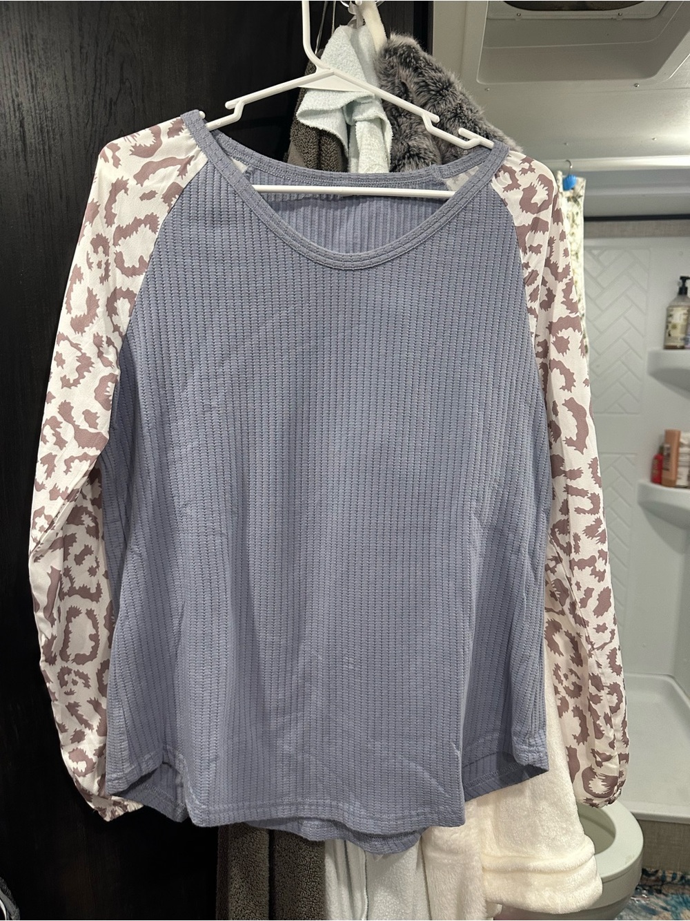 Women's Blue Waffle Knit Raglan Top with Patterned Sleeves
